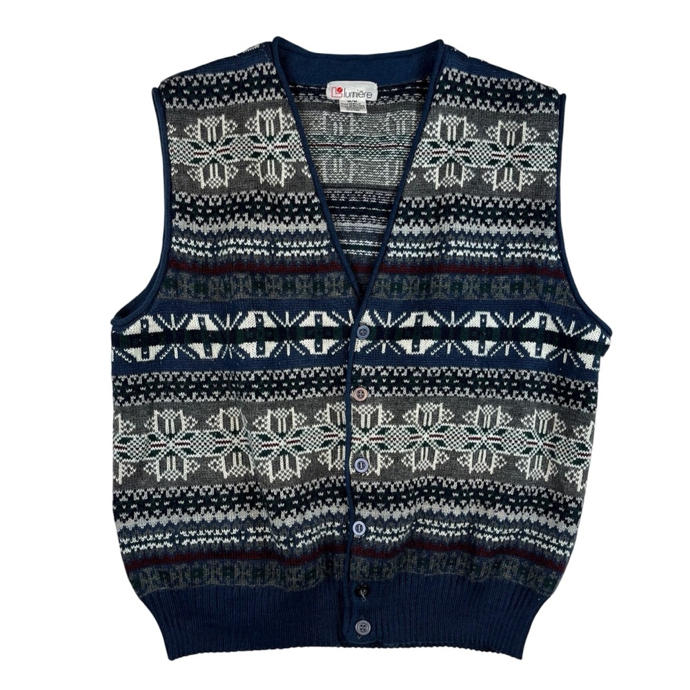 Vintage Men's Navy Blue & Gray Knit Sweater Vest, Snowflakes, Button Front